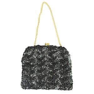 Vtg mini Black Beaded purse, kisslock gold tone chain- Intricate Vine Design